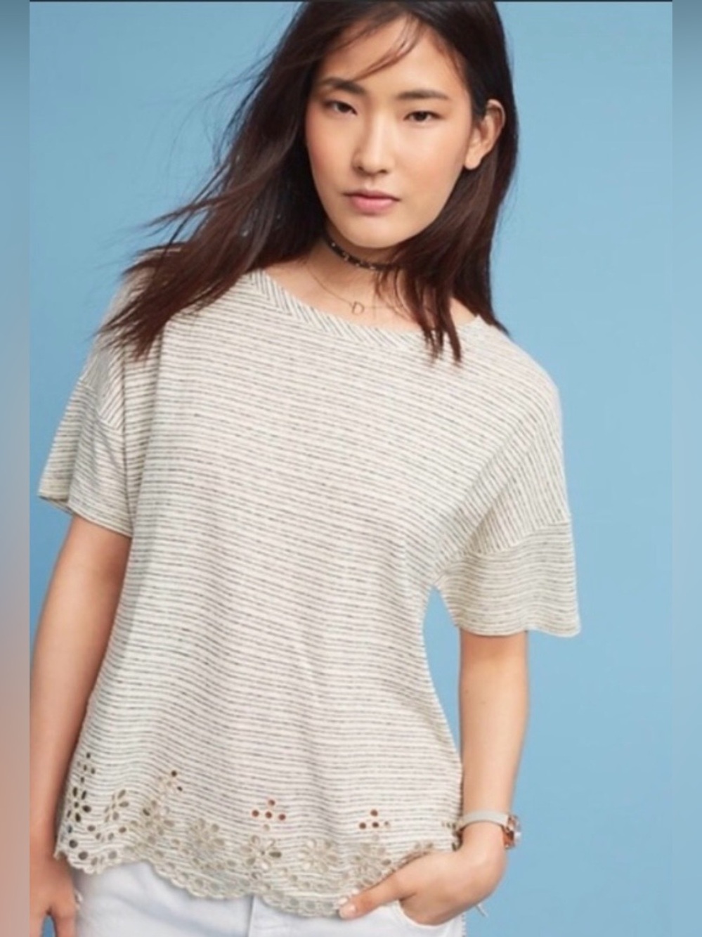 Anthropologie Striped Hi-Lo Linen Tee. Eyelet Hem. Cream. XS